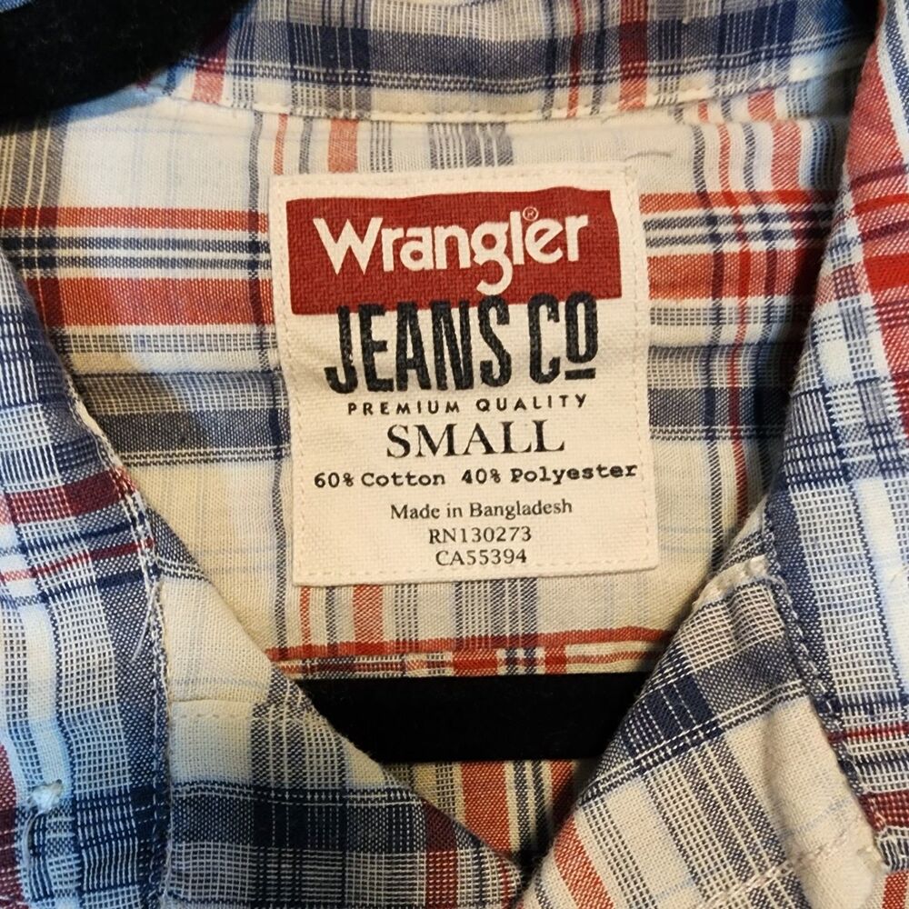 Wrangler Jeans Co Mens SM Plaid Long Sleeve Western Shirt Red White Blue Pockets - Picture 3 of 4